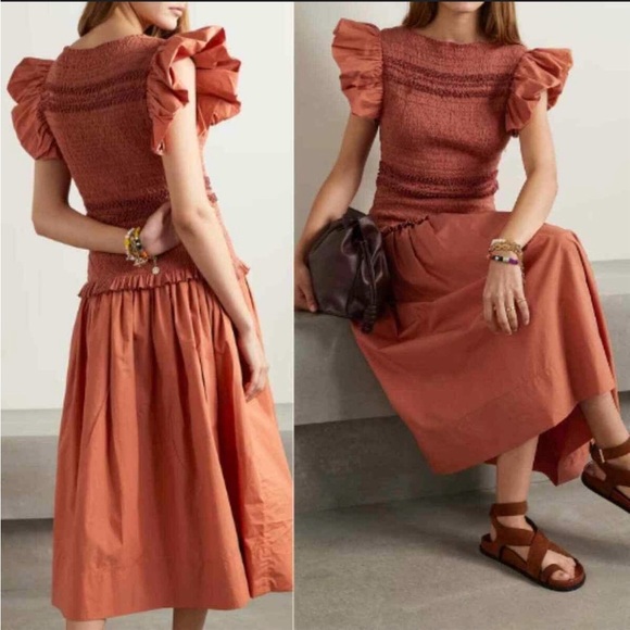 Ulla Johnson Dresses & Skirts - Ulla Johnson- Handmade NWT Madeline Smocked Flutter Sleeve Dress in Clay. Size 8